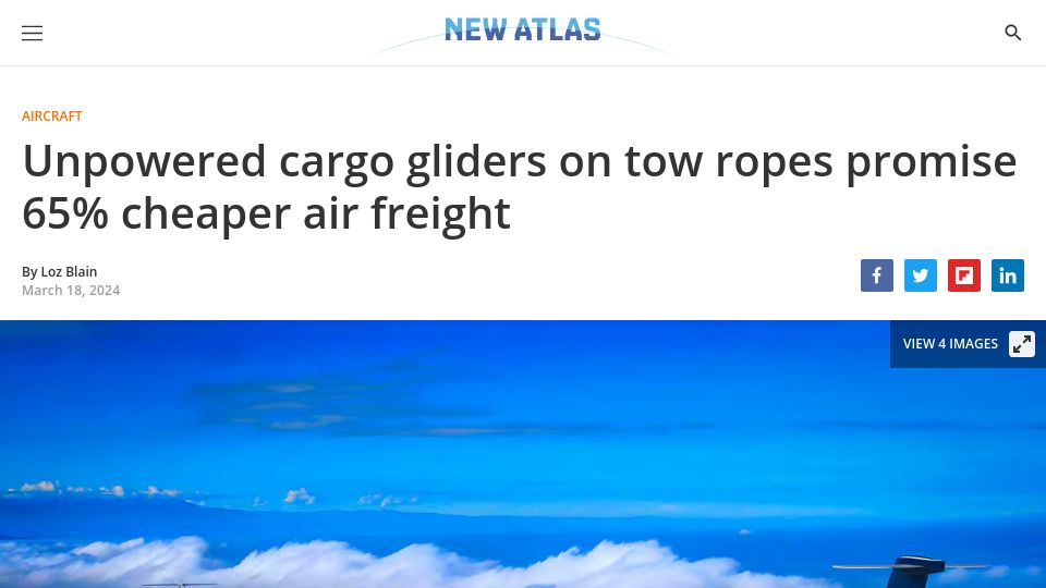 Screenshot of newatlas.com: Unpowered cargo gliders on tow ropes promise 65% cheaper air freight