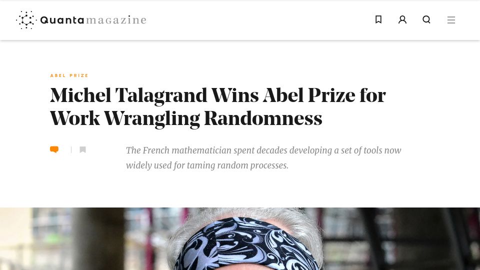 Screenshot of quantamagazine.org: Michel Talagrand wins Abel Prize for work wrangling randomness