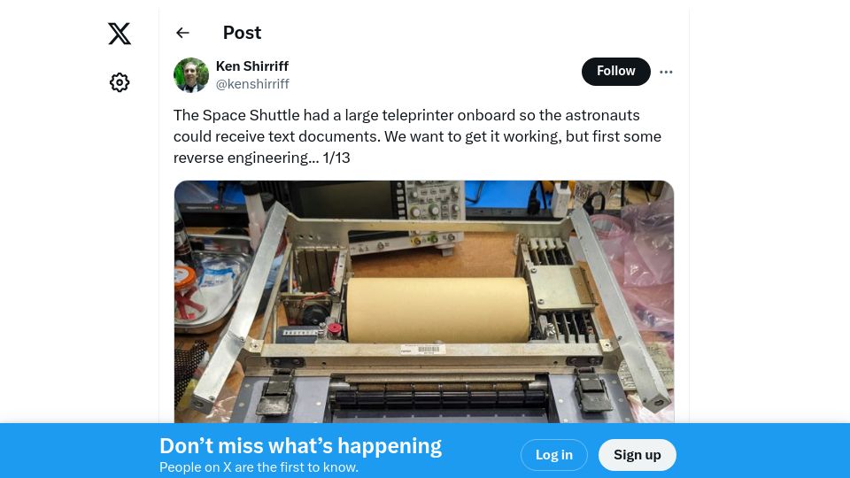 Screenshot of twitter.com: Space Shuttle teleprinter reverse engineering