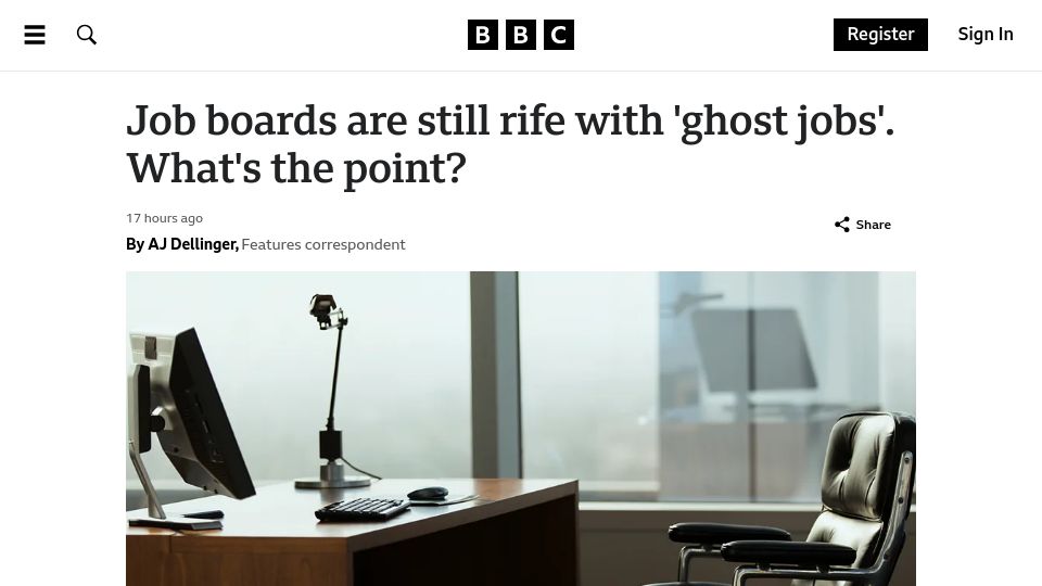 Screenshot of bbc.com: Job boards are still rife with 'ghost jobs'. What's the point?