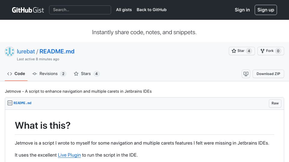 Screenshot of gist.github.com: Show HN JetMove – Extra Nav and Multiple Caret Enhancements for Jetbrians IDEs