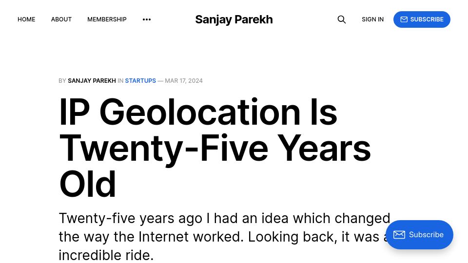 Screenshot of sanjayparekh.com: IP Geolocation Is Twenty-Five Years Old