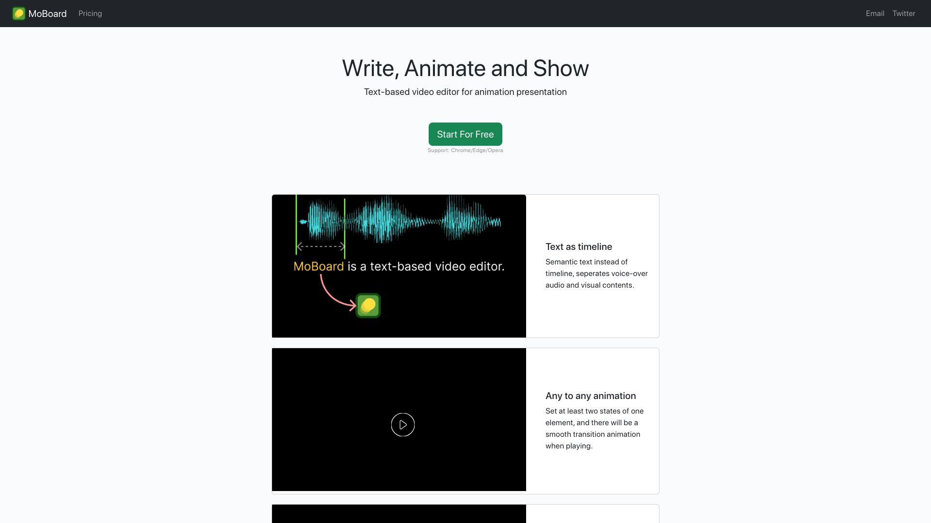 Screenshot of moboard.netlify.app: MoBoard,Text-based video editor for animated presentation