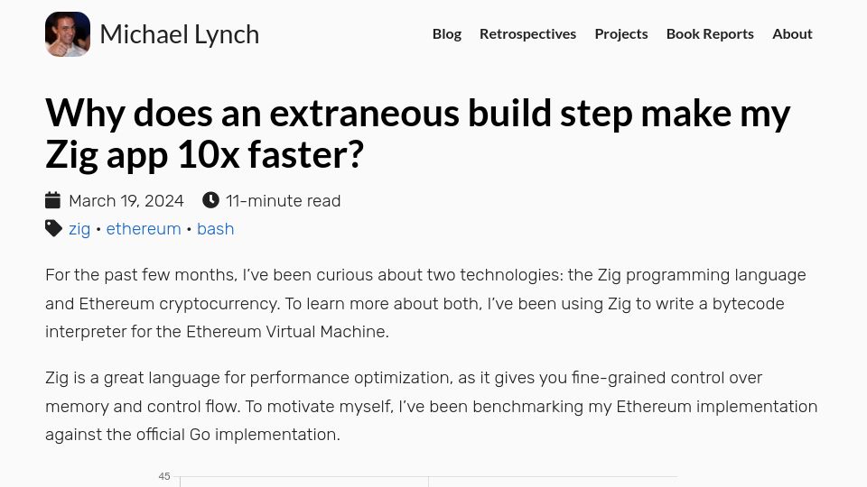 Screenshot of mtlynch.io: Why does an extraneous build step make my Zig app 10x faster?