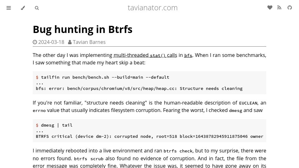 Screenshot of tavianator.com: Bug hunting in Btrfs