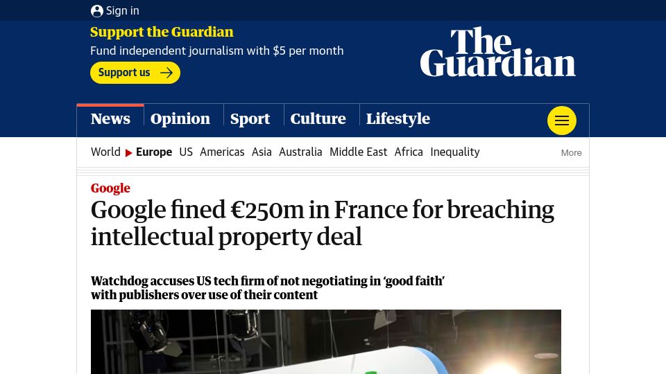 Screenshot of theguardian.com: Google fined €250M in France for breaching intellectual property deal