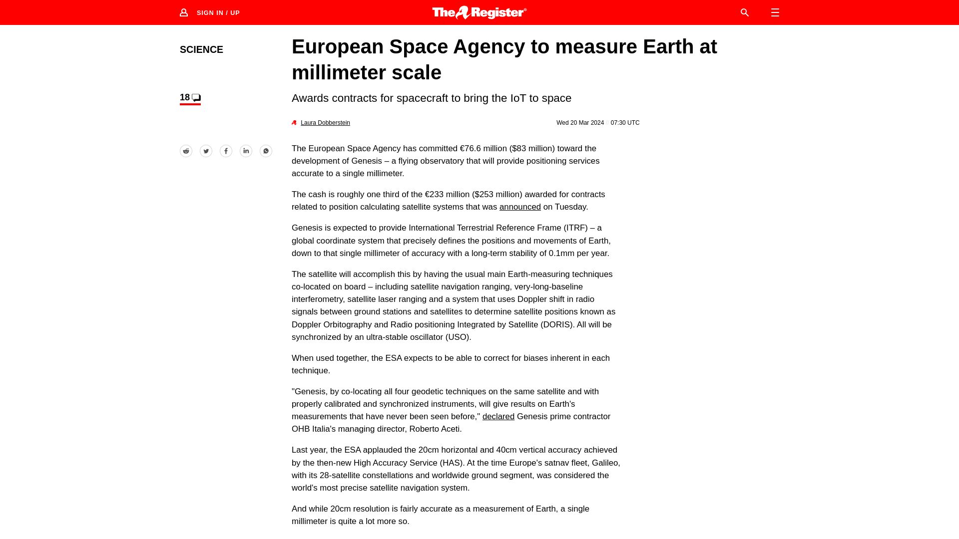 Screenshot of theregister.com: European Space Agency to measure Earth at millimeter scale