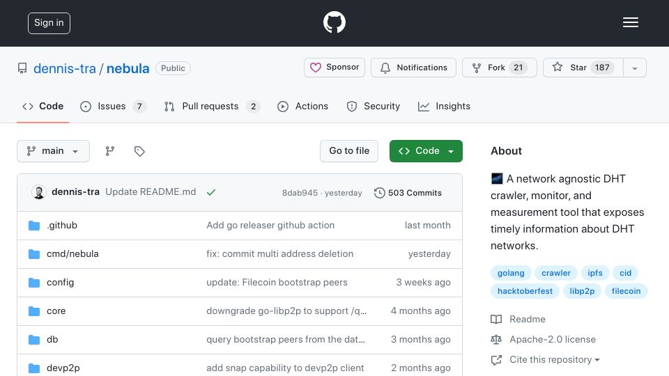 Screenshot of github.com: Show HN: Nebula – A network agnostic DHT crawler