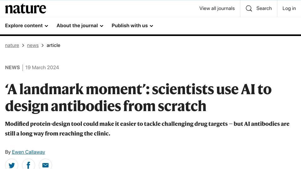 Screenshot of nature.com: 'A landmark moment': scientists use AI to design antibodies from scratch