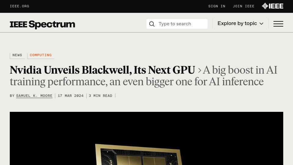 Screenshot of spectrum.ieee.org: Nvidia Unveils Blackwell, Its Next GPU