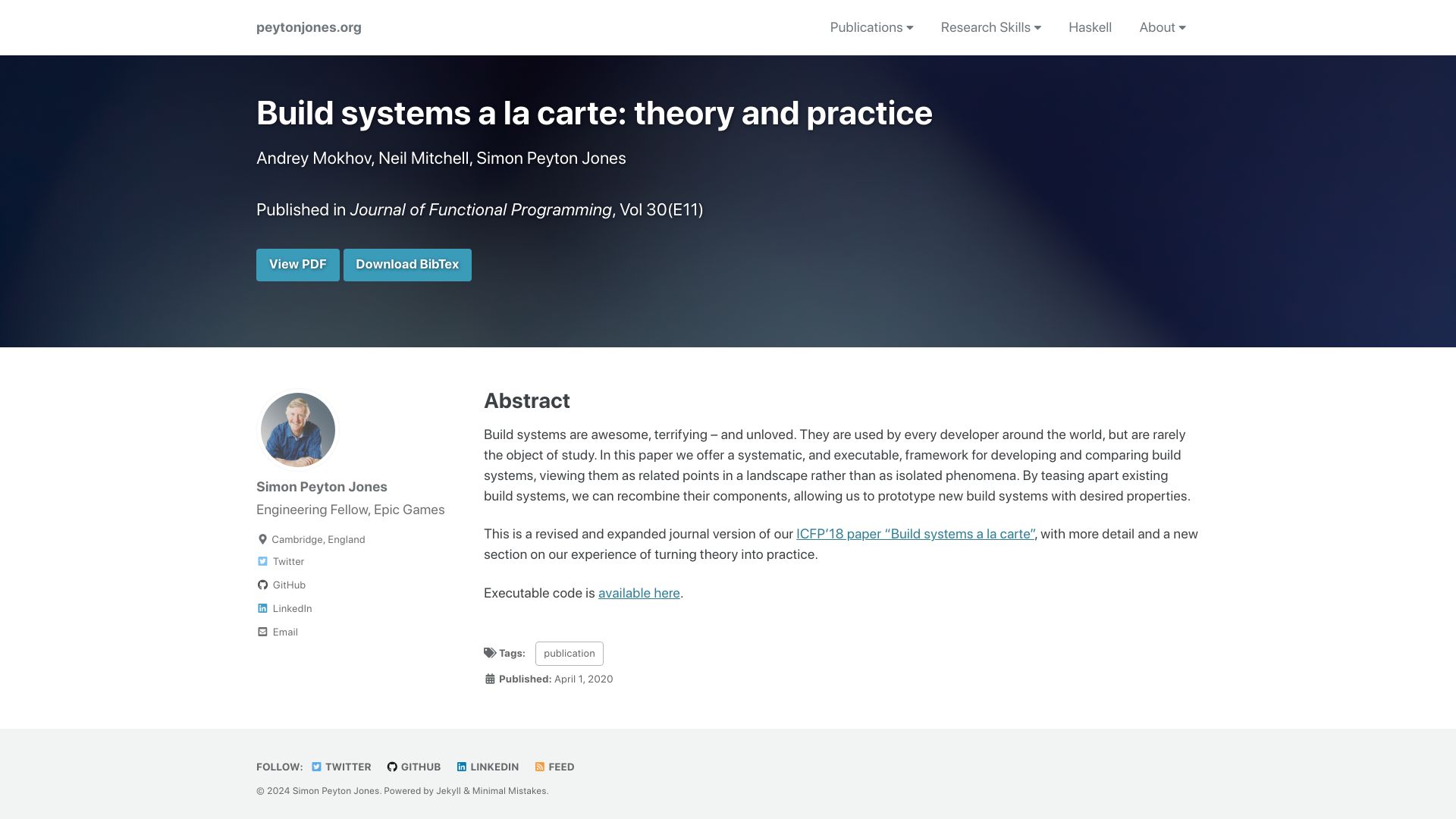 Screenshot of simon.peytonjones.org: Build systems a la carte: theory and practice (2020)