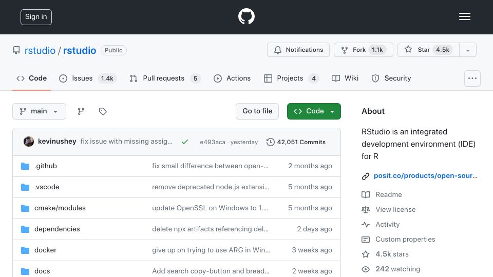Screenshot of github.com: RStudio: Integrated development environment (IDE) for R