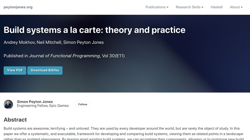 Screenshot of simon.peytonjones.org: Build systems a la carte: theory and practice (2020)