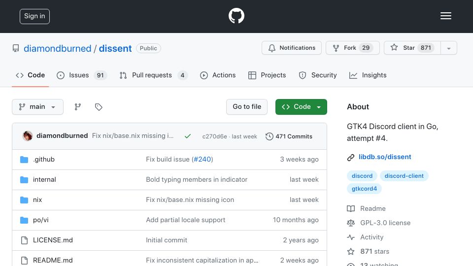 Screenshot of github.com: Dissent – A GTK4 Discord client written in Go