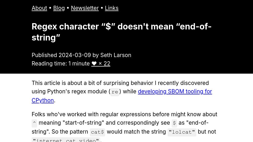 Screenshot of sethmlarson.dev: Regex character "$" doesn't mean "end-of-string"
