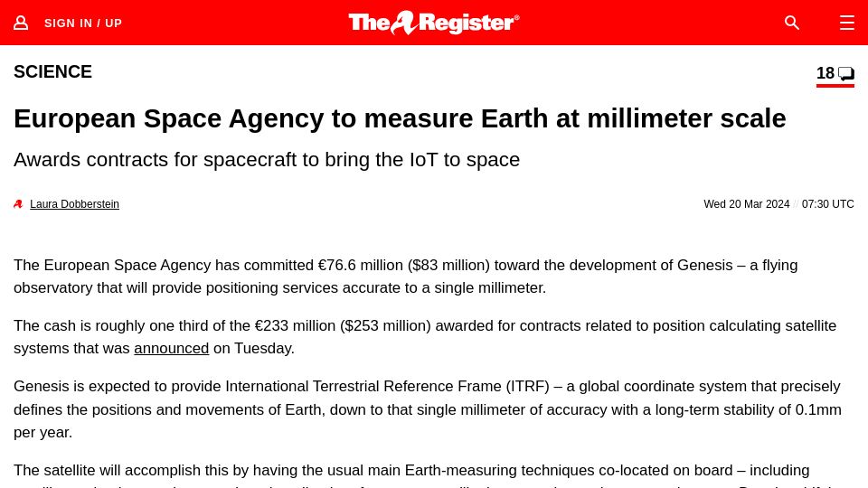 Screenshot of theregister.com: European Space Agency to measure Earth at millimeter scale