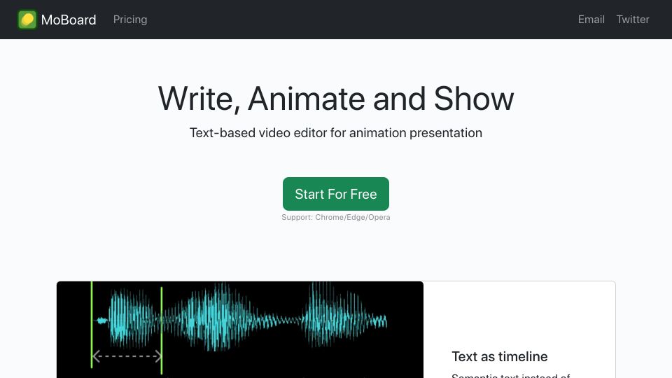 Screenshot of moboard.netlify.app: MoBoard,Text-based video editor for animated presentation