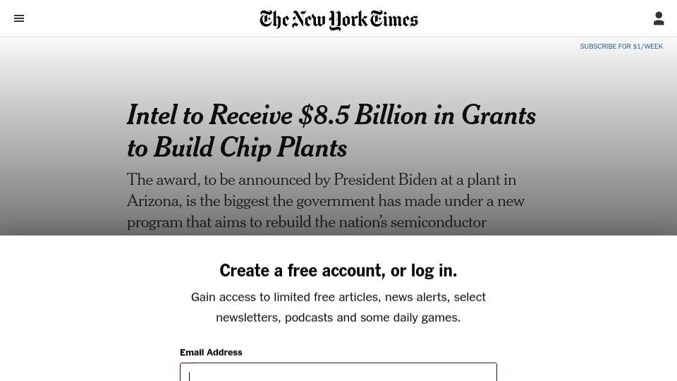 Screenshot of nytimes.com: Intel to Receive $8.5B in Grants to Build Chip Plants