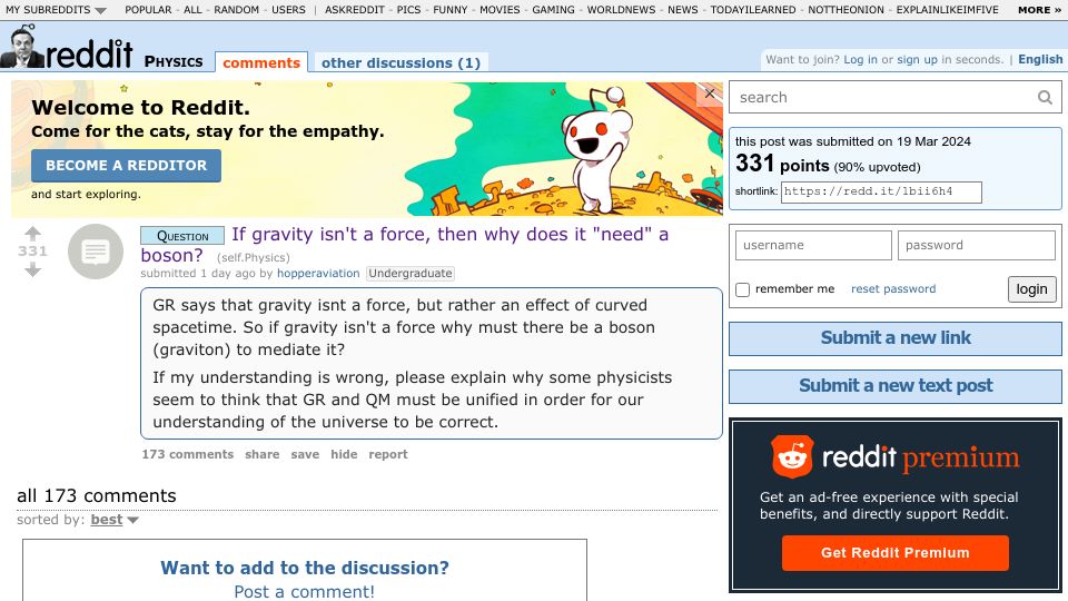 Screenshot of old.reddit.com: If gravity isn't a force, then why does it "need" a boson?