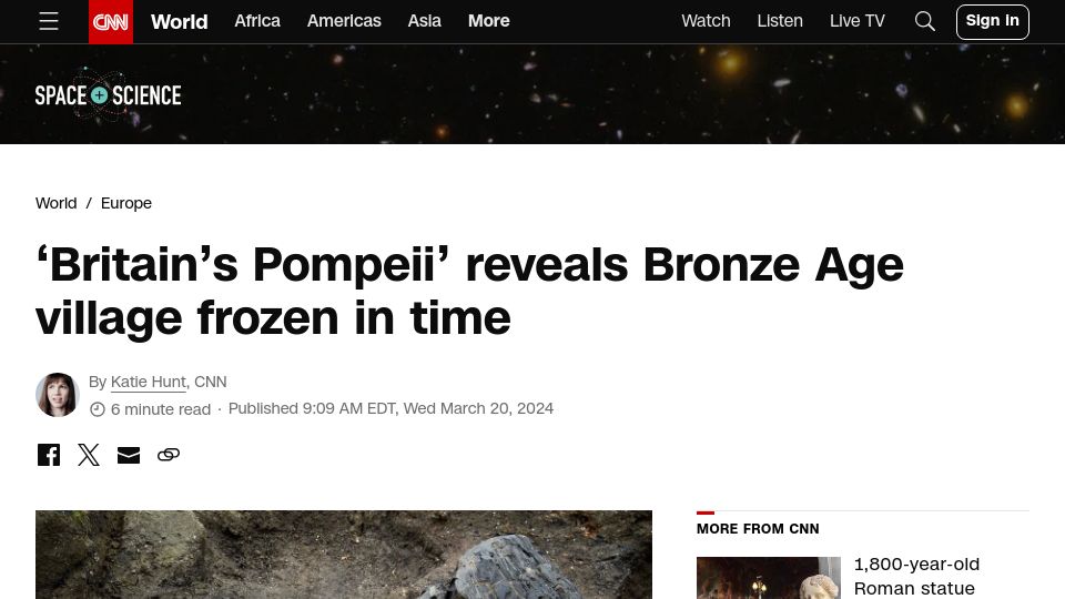 Screenshot of cnn.com: 'Britain's Pompeii' reveals Bronze Age village frozen in time