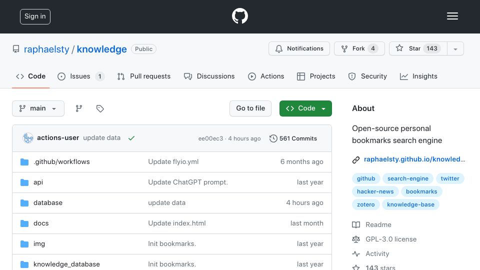 Screenshot of github.com: Show HN: Personal Knowledge Base Visualization