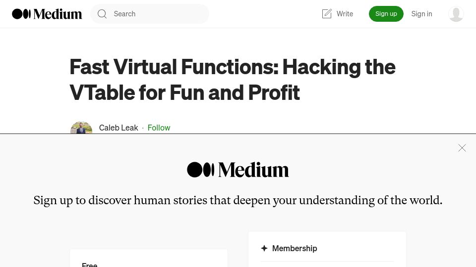 Screenshot of medium.com: Fast Virtual Functions: Hacking the VTable for Fun and Profit