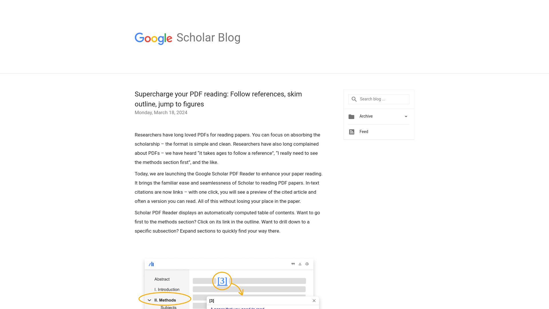 Screenshot of scholar.googleblog.com: Google Scholar PDF Reader