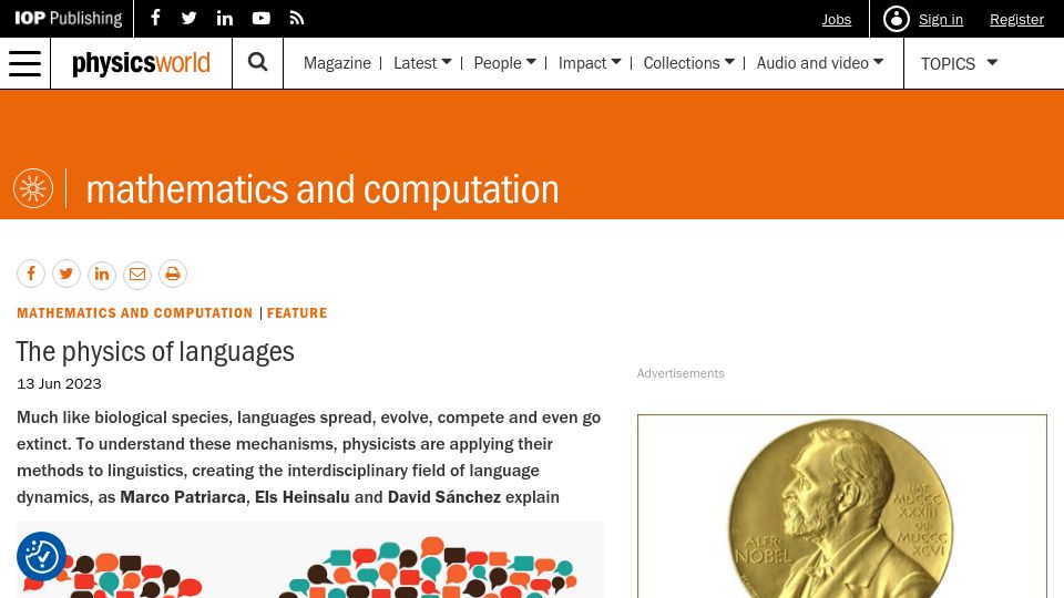 Screenshot of physicsworld.com: The Physics of Languages