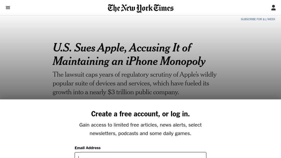 Screenshot of nytimes.com: U.S. sues Apple, accusing it of maintaining an iPhone monopoly