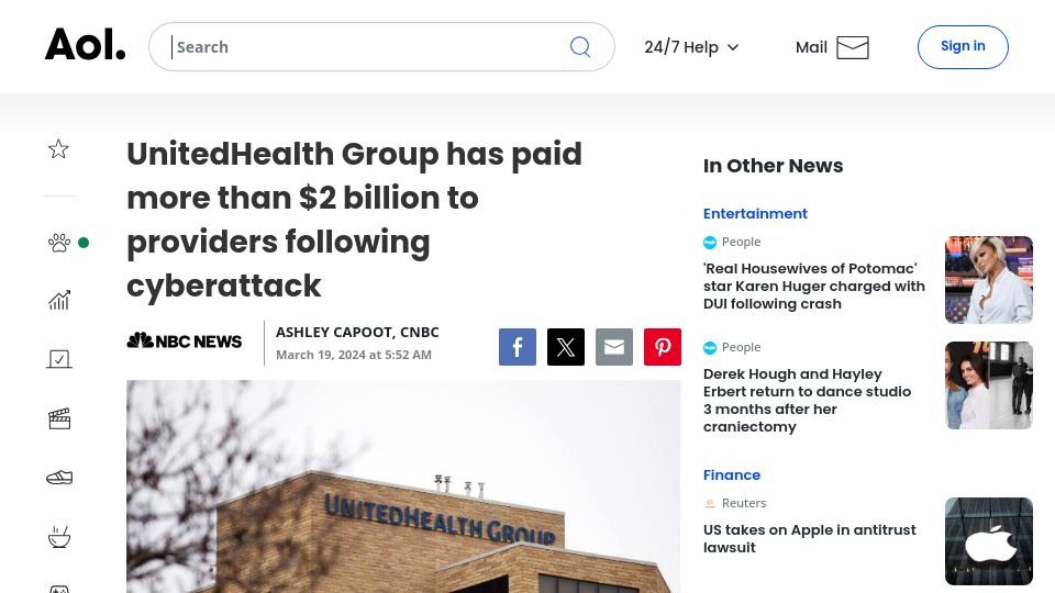 Screenshot of aol.com: UnitedHealth Group has paid more than $2B to providers following cyberattack