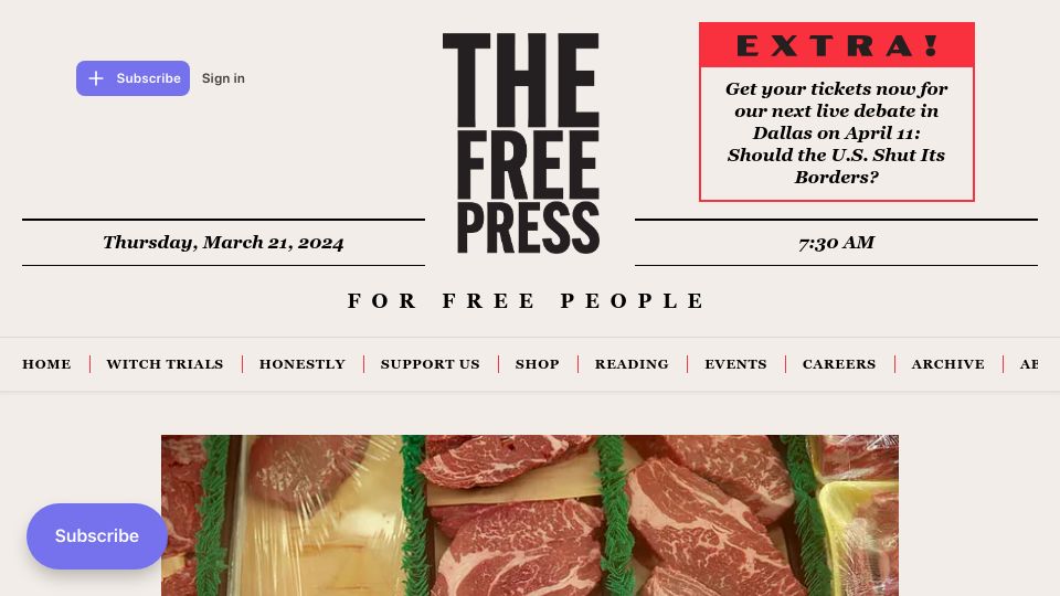 Screenshot of thefp.com: Florida Just Banned Lab-Grown Meat. I Tried to Find Out Why