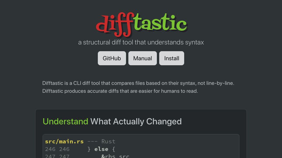 Screenshot of difftastic.wilfred.me.uk: Difftastic, a structural diff tool that understands syntax
