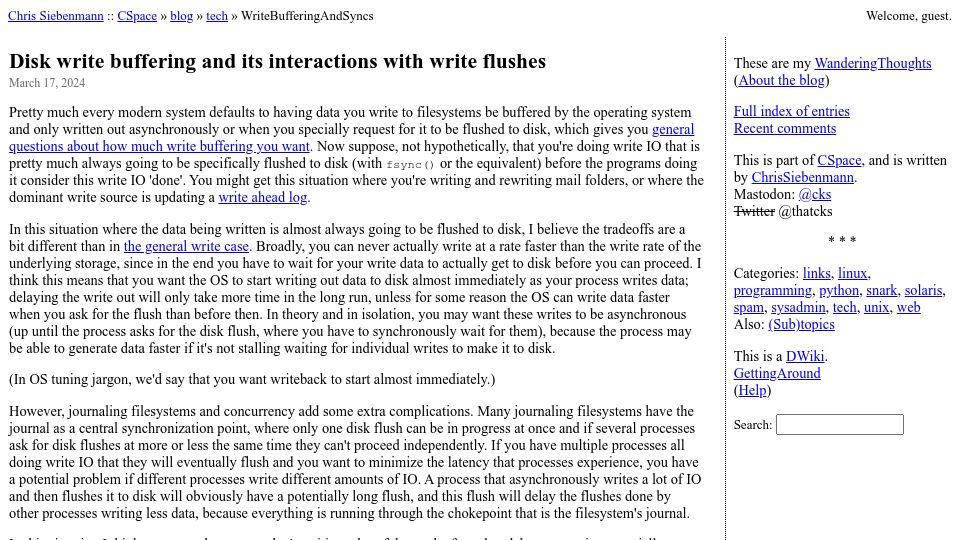 Screenshot of utcc.utoronto.ca: Disk write buffering and its interactions with write flushes
