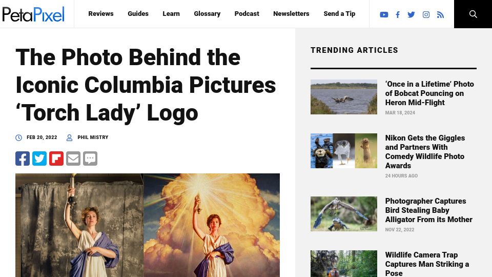 Screenshot of petapixel.com: The Photo Behind the Iconic Columbia Pictures 'Torch Lady' Logo (2022)