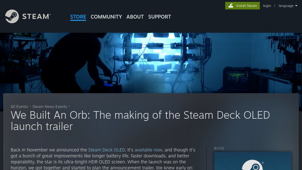 Screenshot of store.steampowered.com: Valve Built An Orb: The making of the Steam Deck OLED launch trailer
