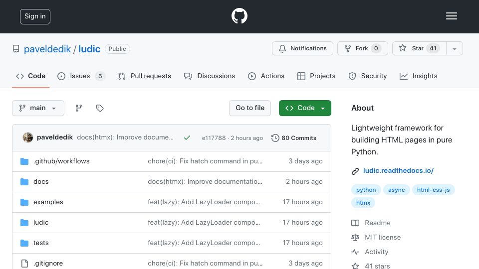 Screenshot of github.com: Ludic: New framework for Python with seamless Htmx support