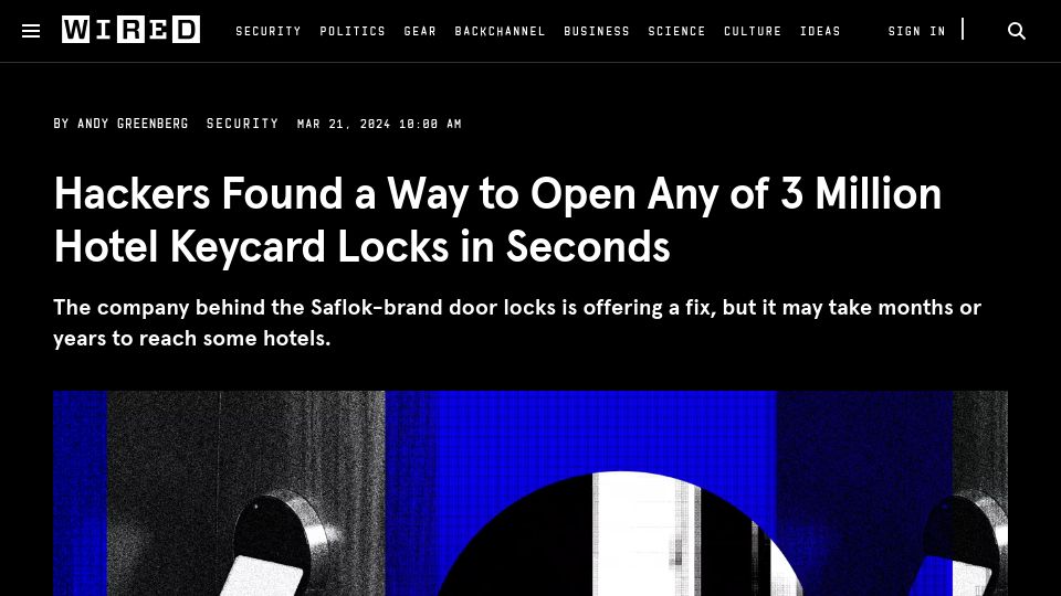 Screenshot of wired.com: Hackers found a way to open any of 3M hotel keycard locks
