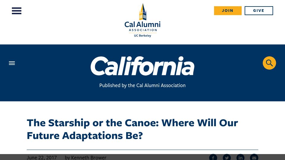 Screenshot of alumni.berkeley.edu: The Starship or the Canoe: Where will our future adaptations be? (2017)