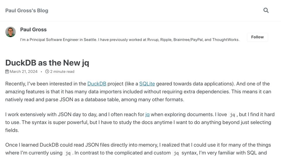 Screenshot of pgrs.net: DuckDB as the New jq