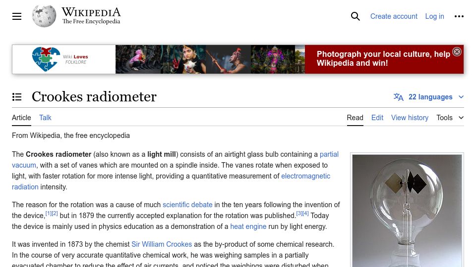 Screenshot of en.wikipedia.org: Crookes Radiometer