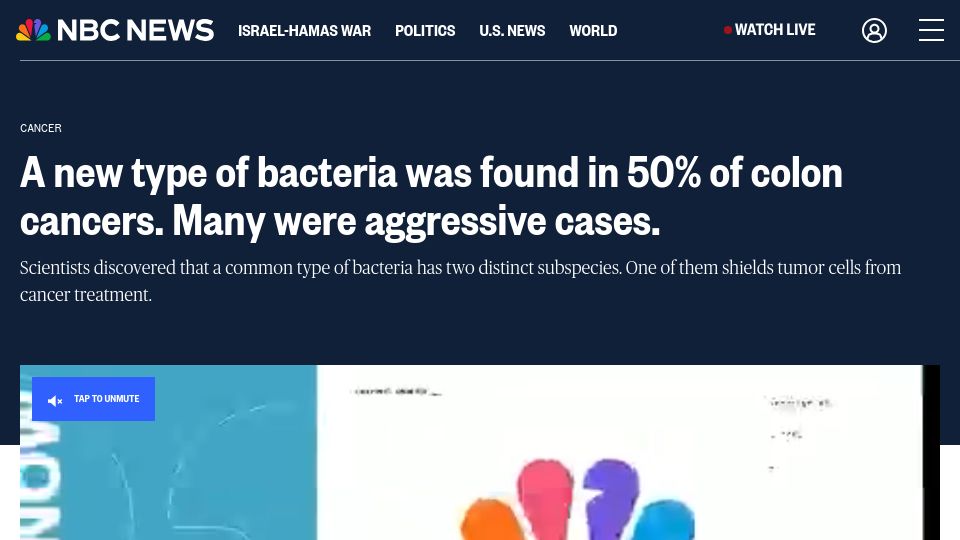 Screenshot of nbcnews.com: A type of bacteria that causes dental plaque was found in 50% of colon cancers