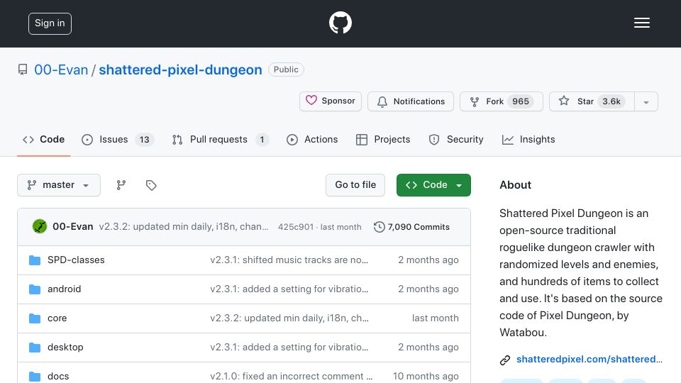 Screenshot of github.com: Shattered Pixel Dungeon is an open-source traditional roguelike dungeon crawler
