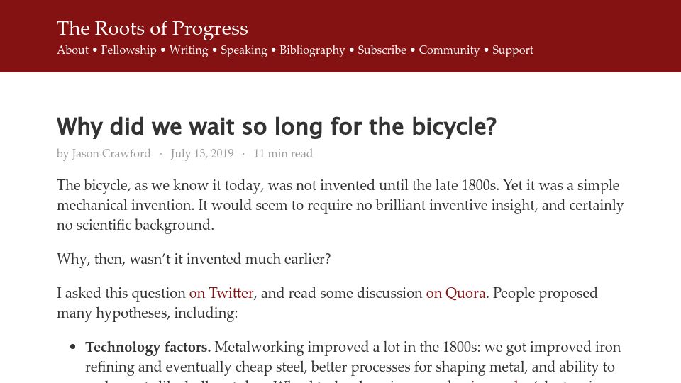 Screenshot of rootsofprogress.org: Why did we wait so long for the bicycle? (2019)
