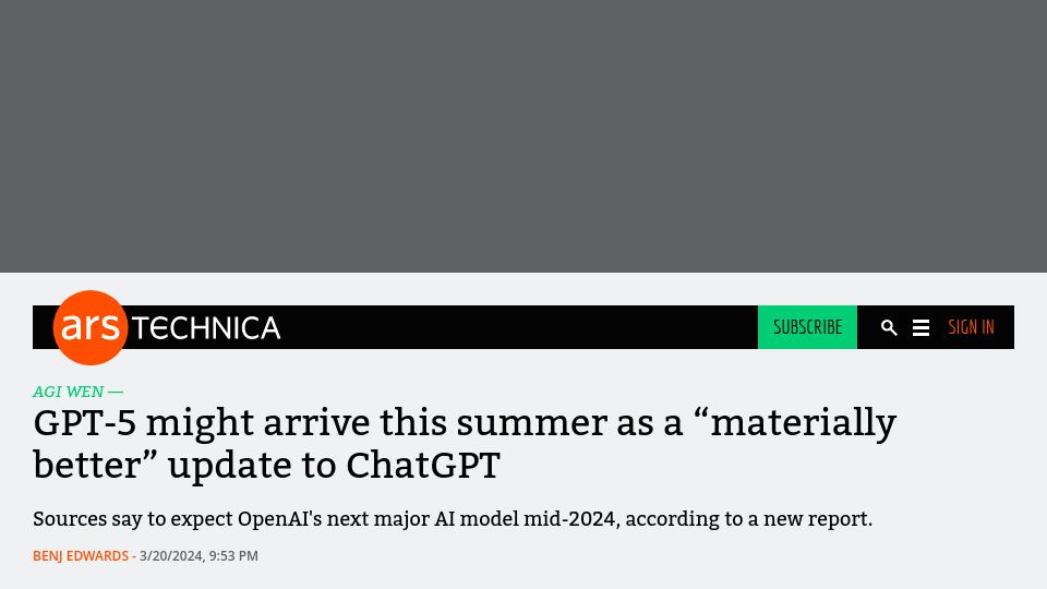 Screenshot of arstechnica.com: GPT-5 might arrive this summer as a "materially better" update to ChatGPT