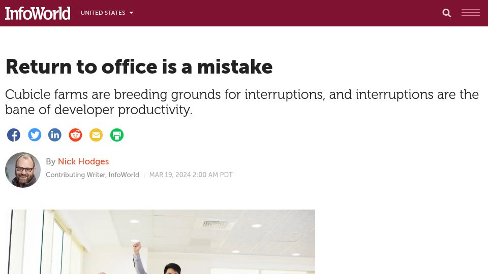 Screenshot of infoworld.com: Return to Office Is a Mistake