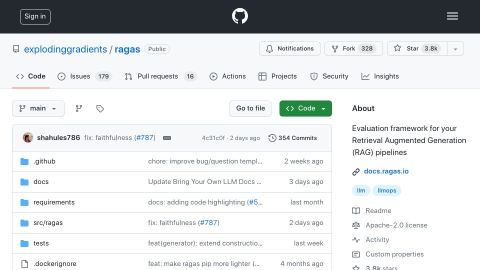 Screenshot of github.com: Show HN: Ragas – Open-source library for evaluating RAG pipelines