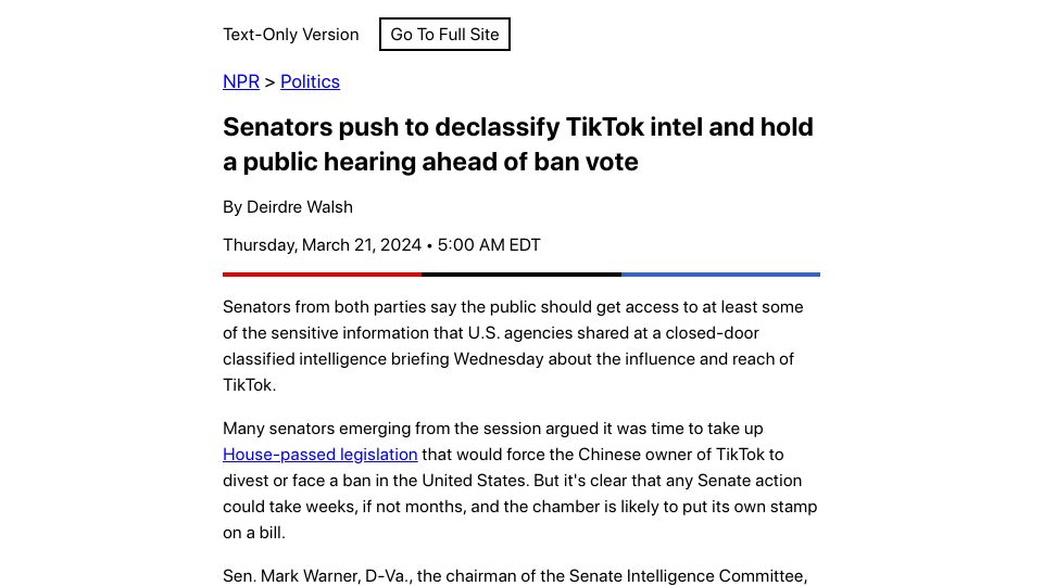 Screenshot of text.npr.org: Senators push to declassify TikTok Intel, hold public hearing ahead of ban vote