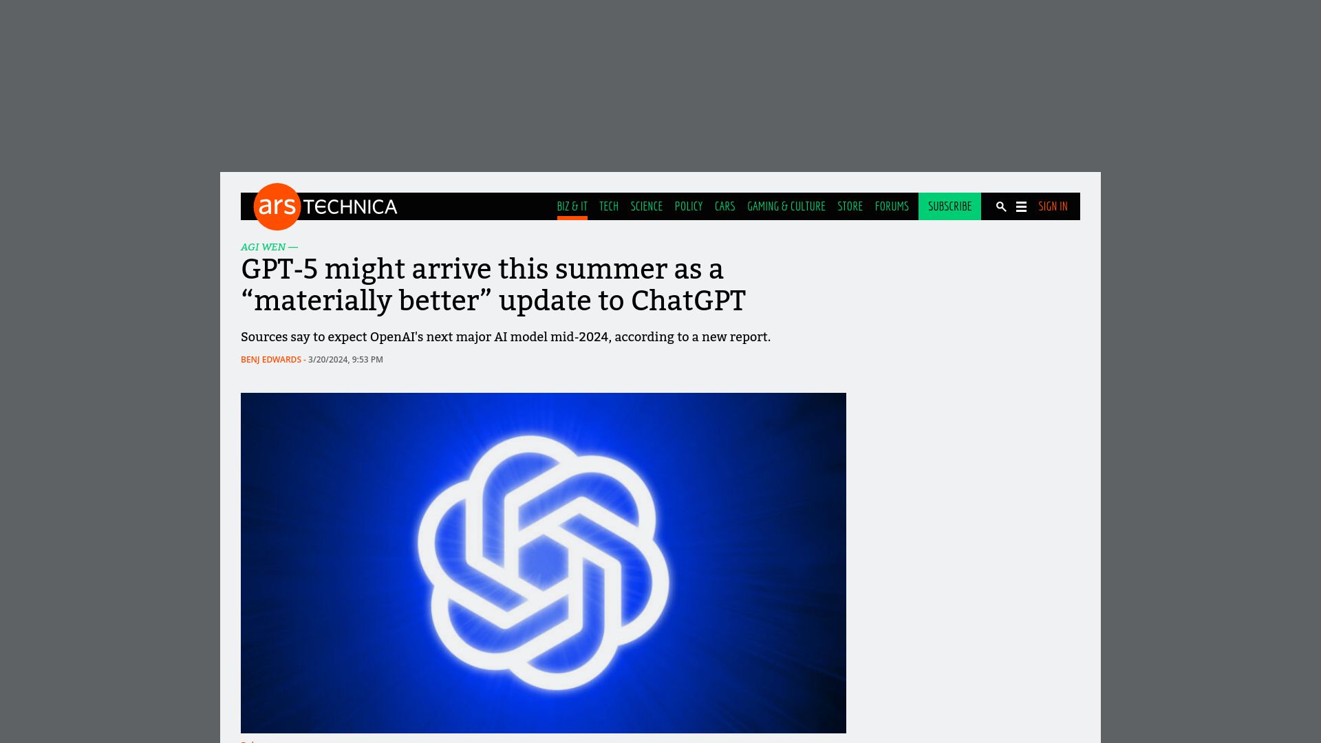 Screenshot of arstechnica.com: GPT-5 might arrive this summer as a "materially better" update to ChatGPT