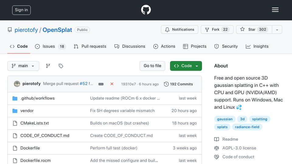 Screenshot of github.com: OpenSplat – 3D gaussian splatting in C++ with CPU and GPU support