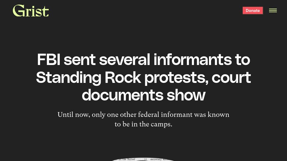 Screenshot of grist.org: FBI sent several informants to Standing Rock protests, court documents show